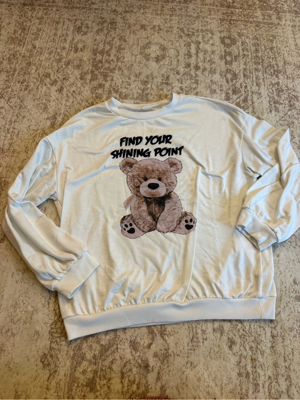 White V-Neck Teddy Graphic Sweater - Find Your Shining Point
